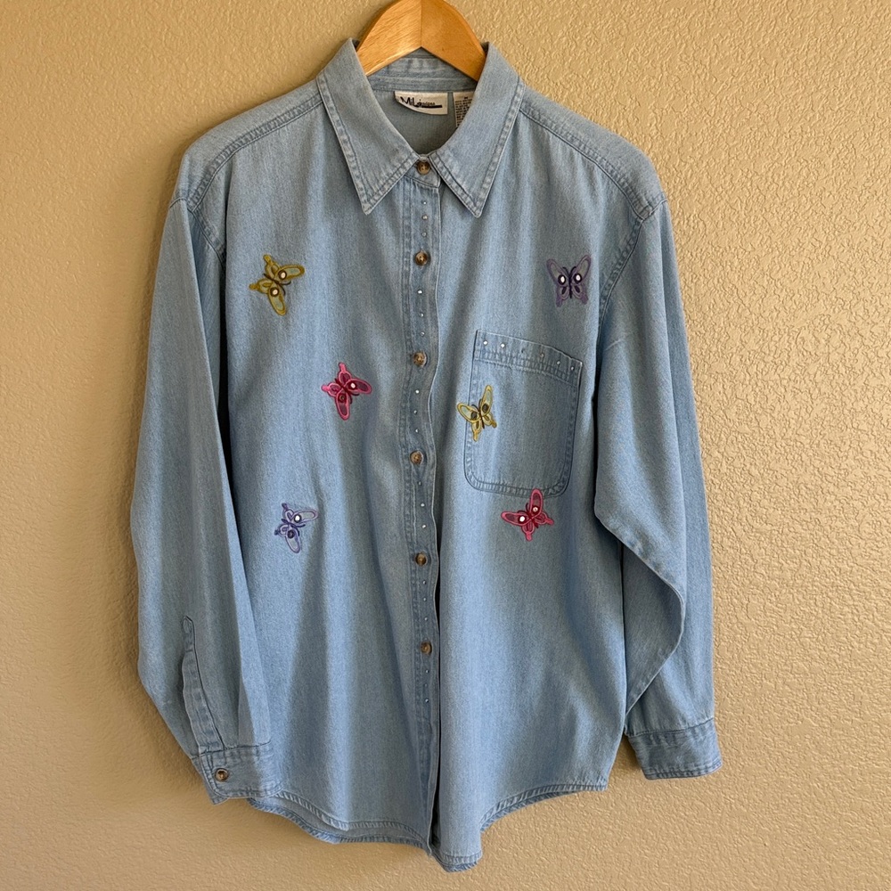 Embroidered Denim Shirt with Butterfly Accents